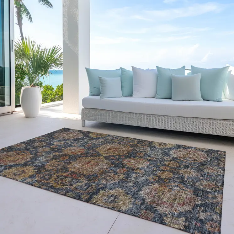 8' X 10' Navy Blue Brown And Terra Cotta Damask Washable Indoor Outdoor Area Rug