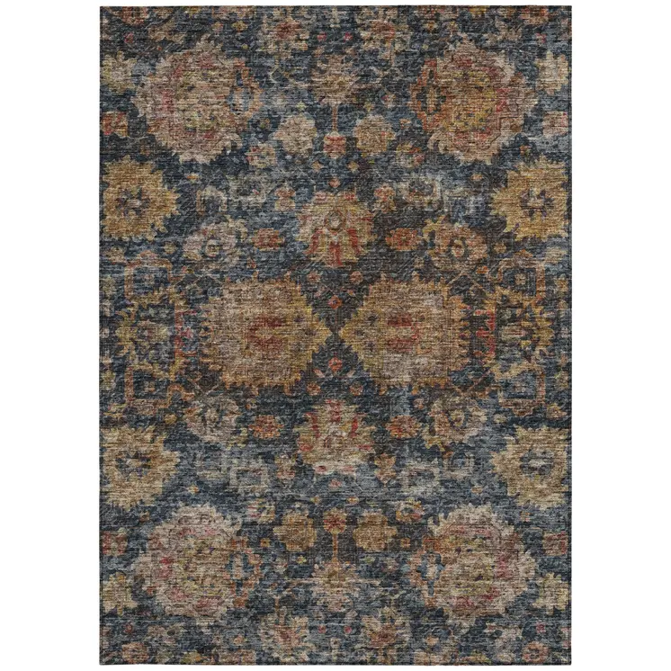 9' X 12' Navy Blue Brown And Terra Cotta Damask Washable Indoor Outdoor Area Rug