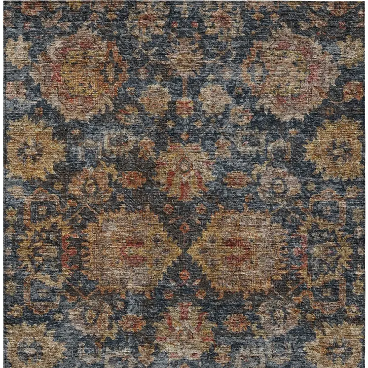 9' X 12' Navy Blue Brown And Terra Cotta Damask Washable Indoor Outdoor Area Rug