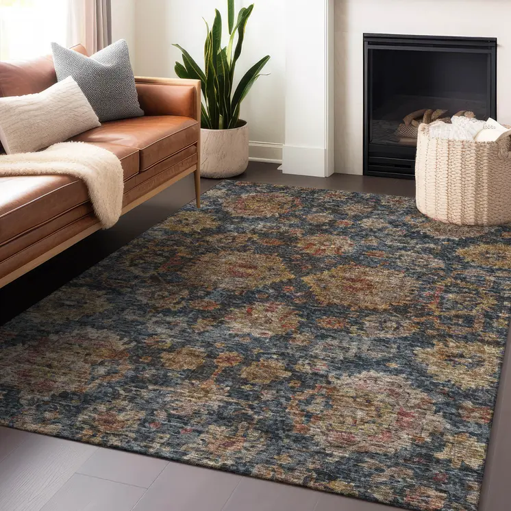 9' X 12' Navy Blue Brown And Terra Cotta Damask Washable Indoor Outdoor Area Rug