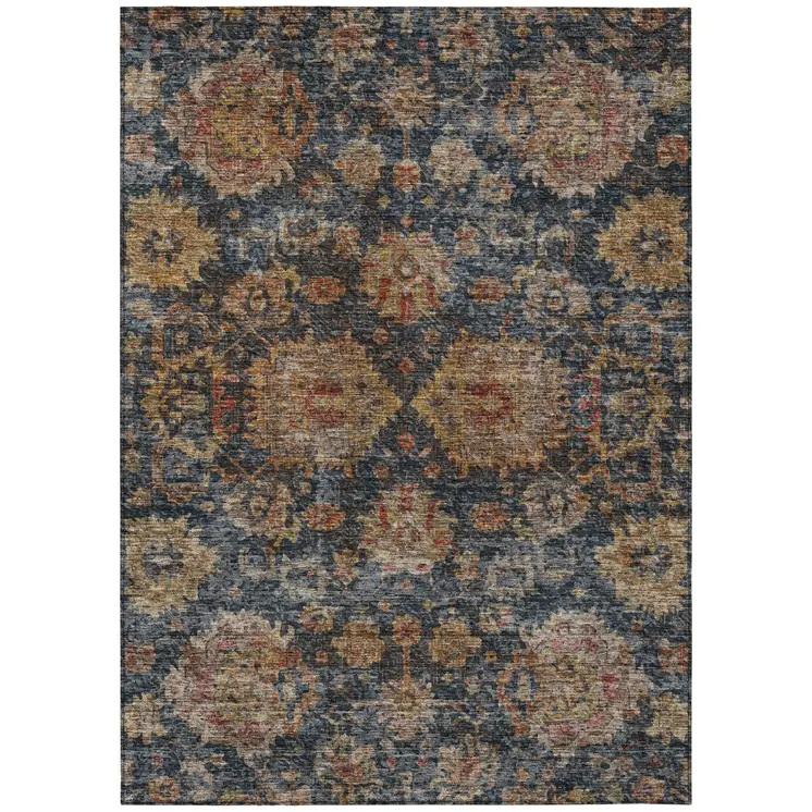 10' X 14' Navy Blue Brown And Terra Cotta Damask Washable Indoor Outdoor Area Rug