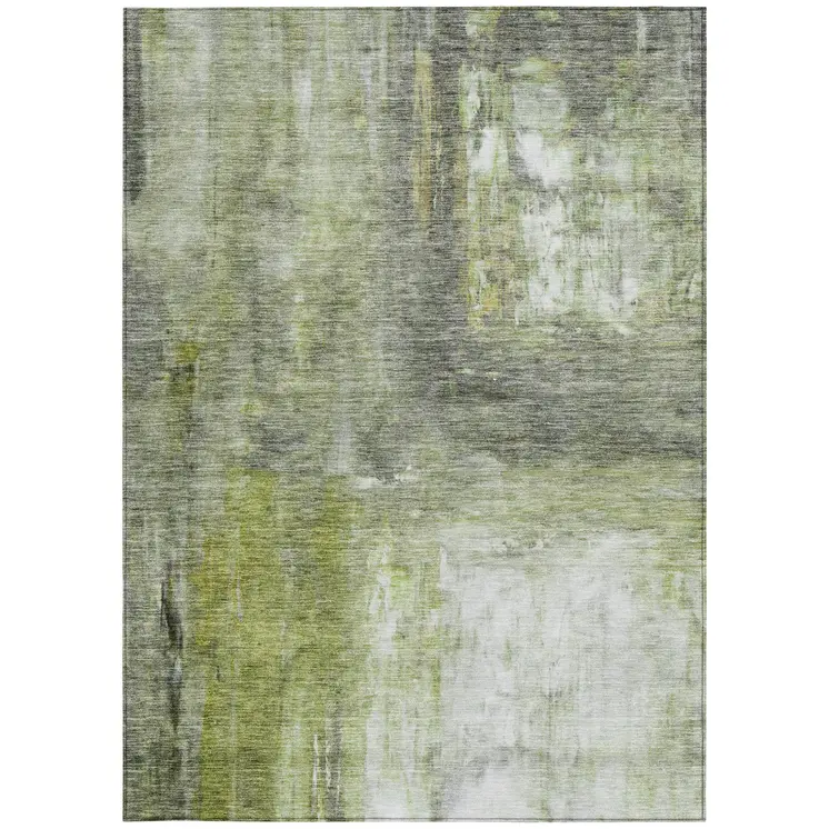 3' X 5' Artichoke Green Ivory And Gray Abstract Washable Indoor Outdoor Area Rug