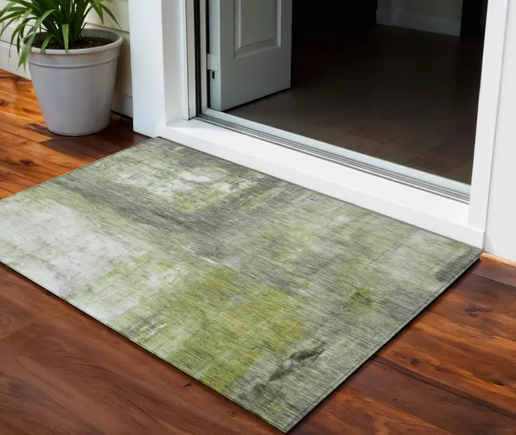 3' X 5' Artichoke Green Ivory And Gray Abstract Washable Indoor Outdoor Area Rug