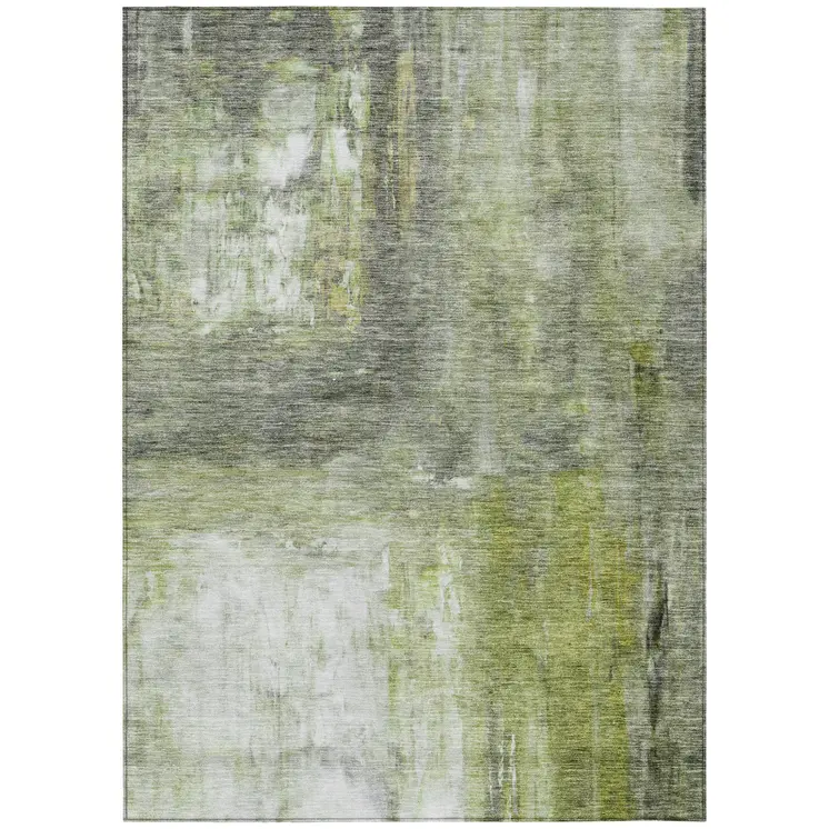 3' X 5' Artichoke Green Ivory And Gray Abstract Washable Indoor Outdoor Area Rug