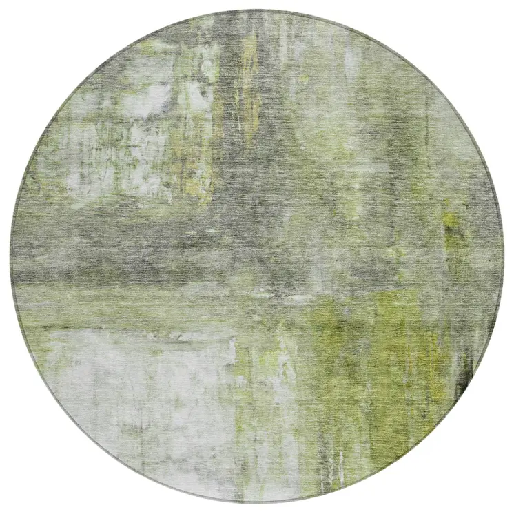 8' Artichoke Green Ivory And Gray Round Abstract Washable Indoor Outdoor Area Rug