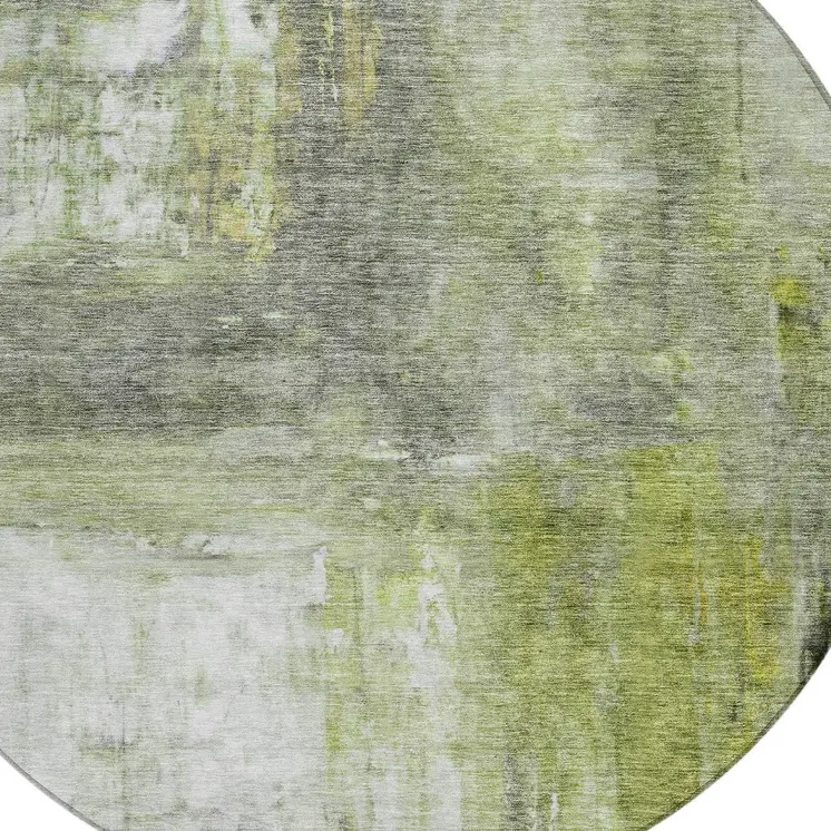 8' Artichoke Green Ivory And Gray Round Abstract Washable Indoor Outdoor Area Rug