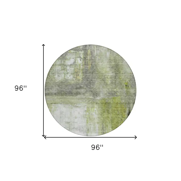 8' Artichoke Green Ivory And Gray Round Abstract Washable Indoor Outdoor Area Rug