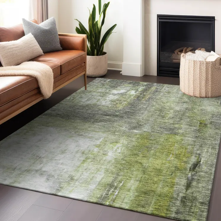 9' X 12' Artichoke Green Ivory And Gray Abstract Washable Indoor Outdoor Area Rug