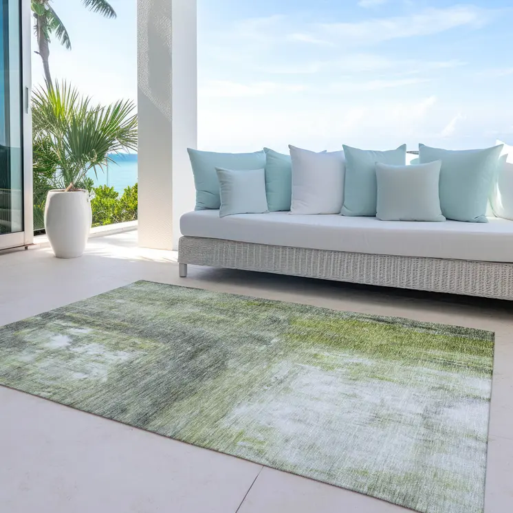 10' X 14' Artichoke Green Ivory And Gray Abstract Washable Indoor Outdoor Area Rug