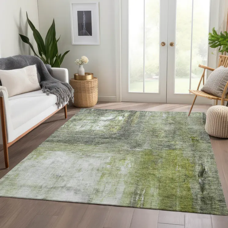 10' X 14' Artichoke Green Ivory And Gray Abstract Washable Indoor Outdoor Area Rug
