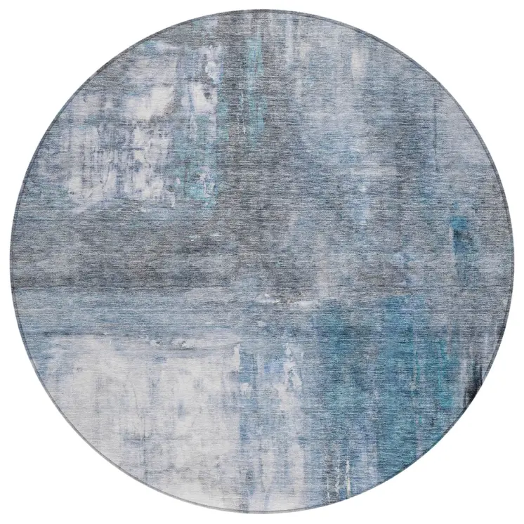 8' Blue Gray And Ivory Round Abstract Washable Indoor Outdoor Area Rug