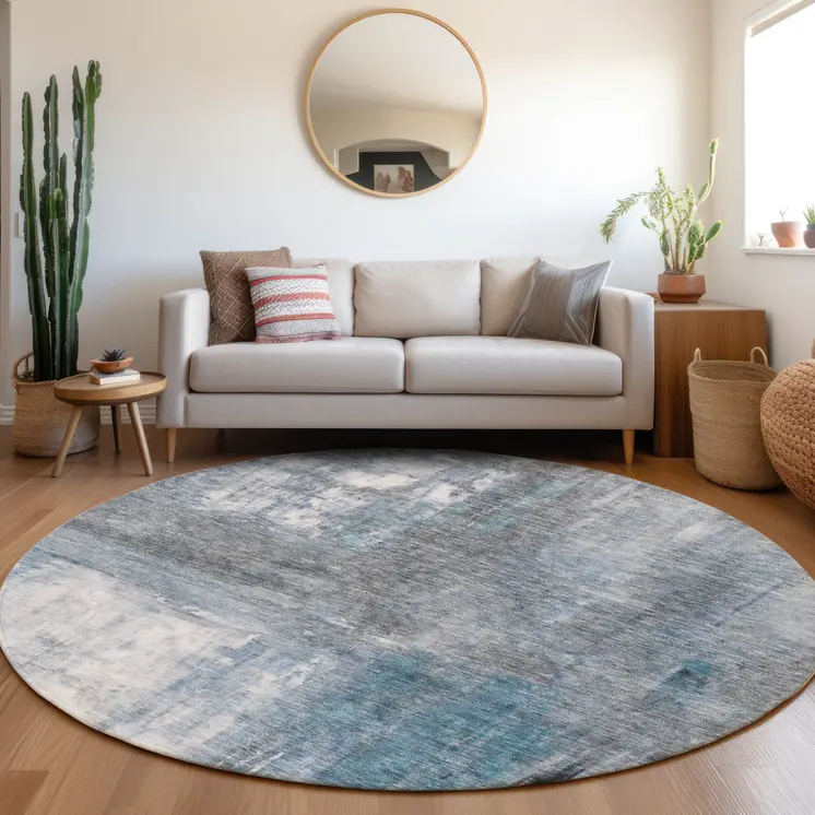8' Blue Gray And Ivory Round Abstract Washable Indoor Outdoor Area Rug