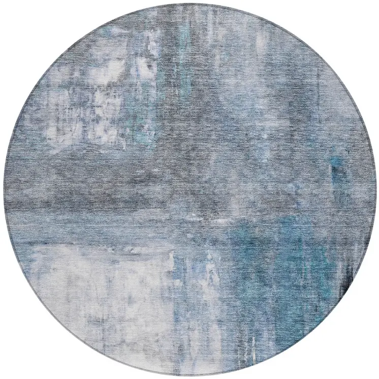 8' Blue Gray And Ivory Round Abstract Washable Indoor Outdoor Area Rug