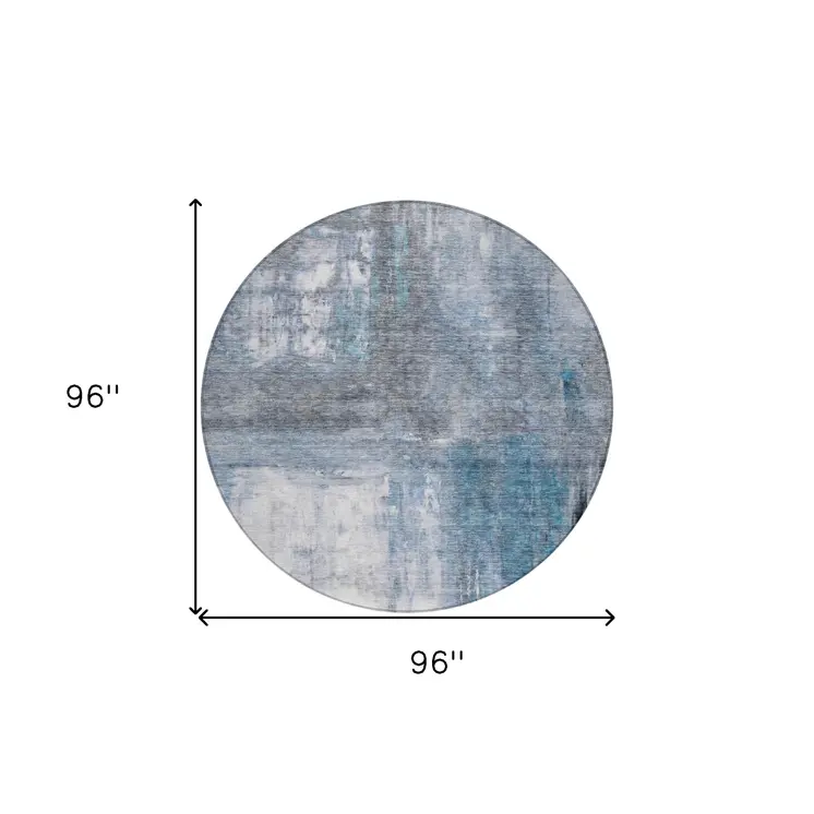 8' Blue Gray And Ivory Round Abstract Washable Indoor Outdoor Area Rug