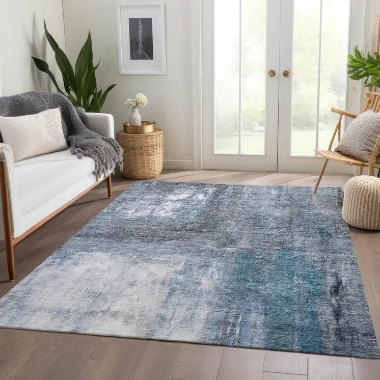 10' X 14' Blue Gray And Ivory Abstract Washable Indoor Outdoor Area Rug