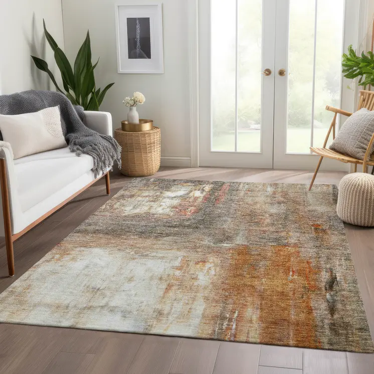 3' X 5' Copper Ivory And Brown Abstract Washable Indoor Outdoor Area Rug
