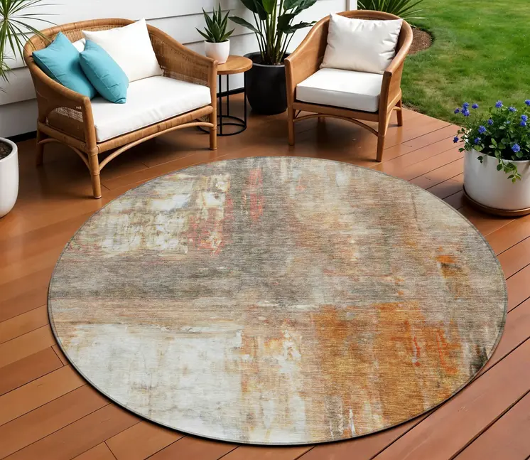 8' Copper Ivory And Brown Round Abstract Washable Indoor Outdoor Area Rug