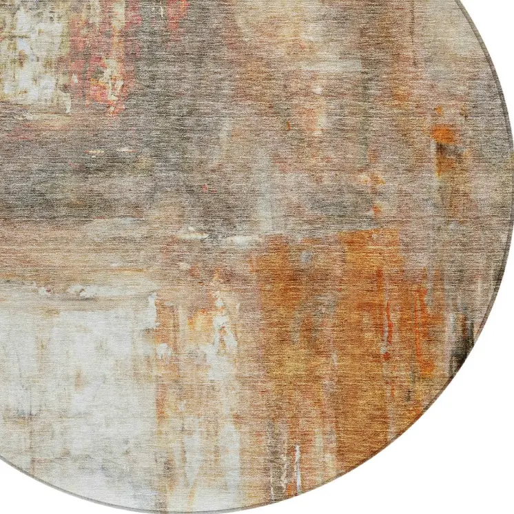 8' Copper Ivory And Brown Round Abstract Washable Indoor Outdoor Area Rug