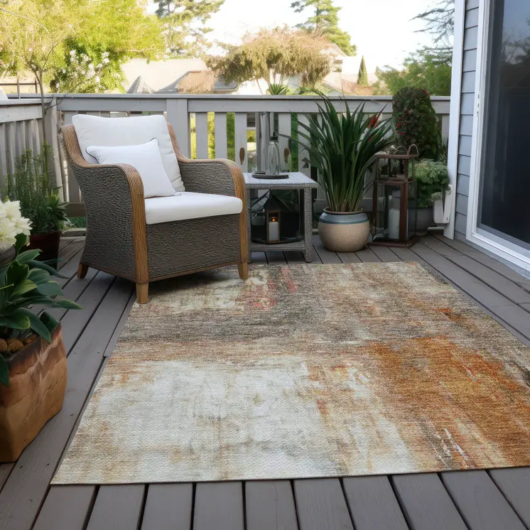 8' X 10' Copper Ivory And Brown Abstract Washable Indoor Outdoor Area Rug