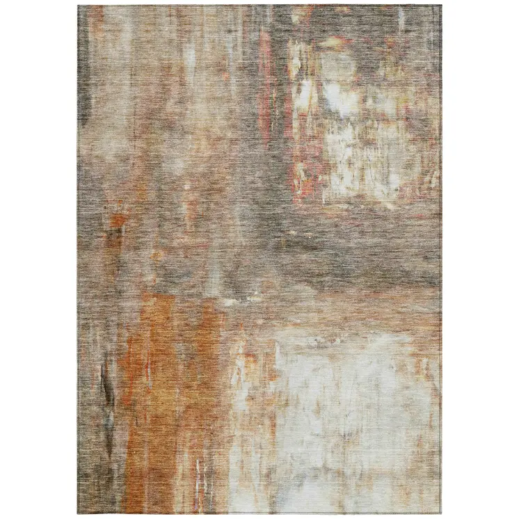 10' X 14' Copper Ivory And Brown Abstract Washable Indoor Outdoor Area Rug