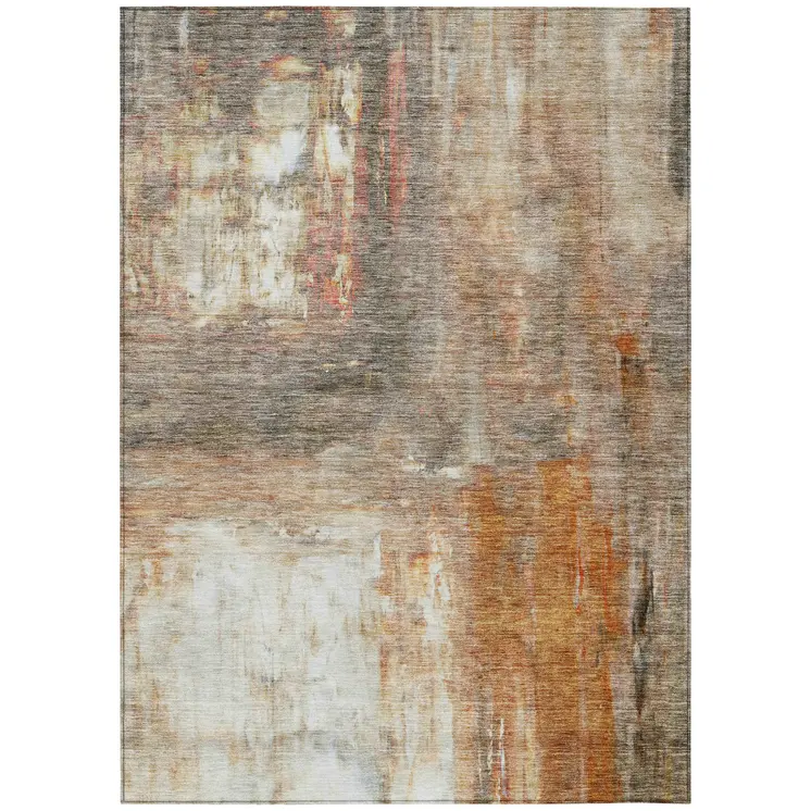 10' X 14' Copper Ivory And Brown Abstract Washable Indoor Outdoor Area Rug