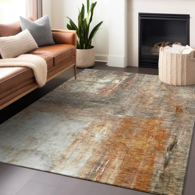 10' X 14' Copper Ivory And Brown Abstract Washable Indoor Outdoor Area Rug