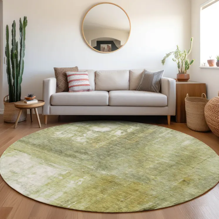 8' Sage Ivory And Brown Round Abstract Washable Indoor Outdoor Area Rug