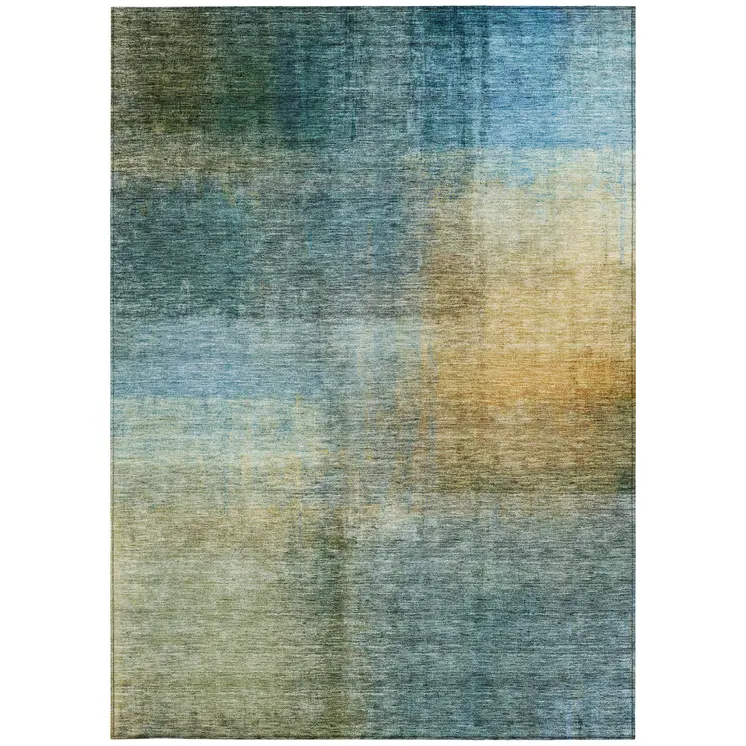 3' X 5' Blue Gold And Green Abstract Washable Indoor Outdoor Area Rug