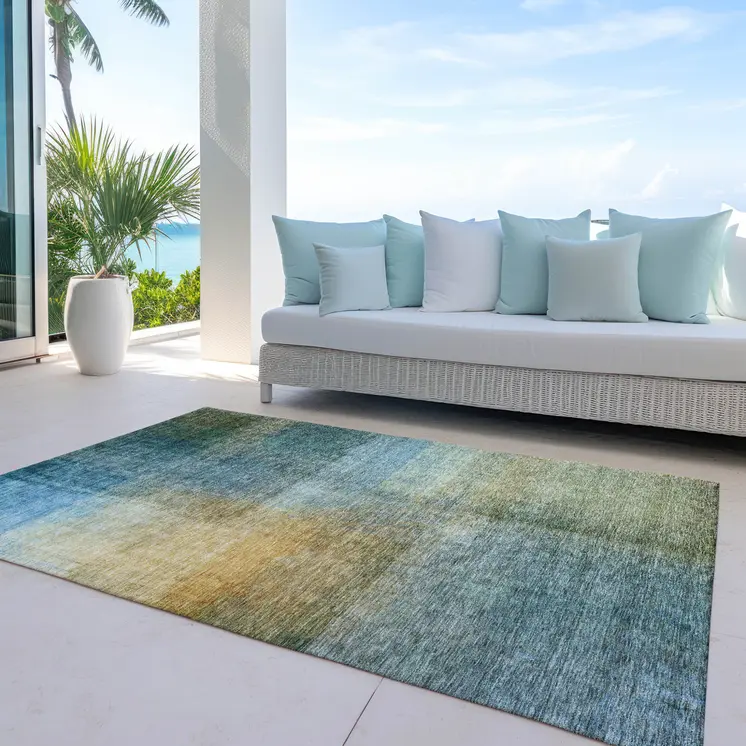 3' X 5' Blue Gold And Green Abstract Washable Indoor Outdoor Area Rug
