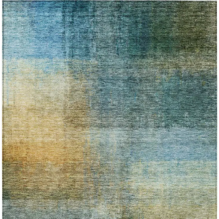 3' X 5' Blue Gold And Green Abstract Washable Indoor Outdoor Area Rug