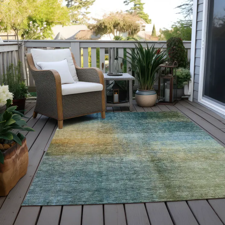 5' X 8' Blue Gold And Green Abstract Washable Indoor Outdoor Area Rug