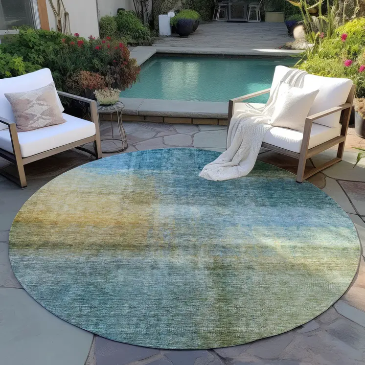 8' Blue Gold And Green Round Abstract Washable Indoor Outdoor Area Rug