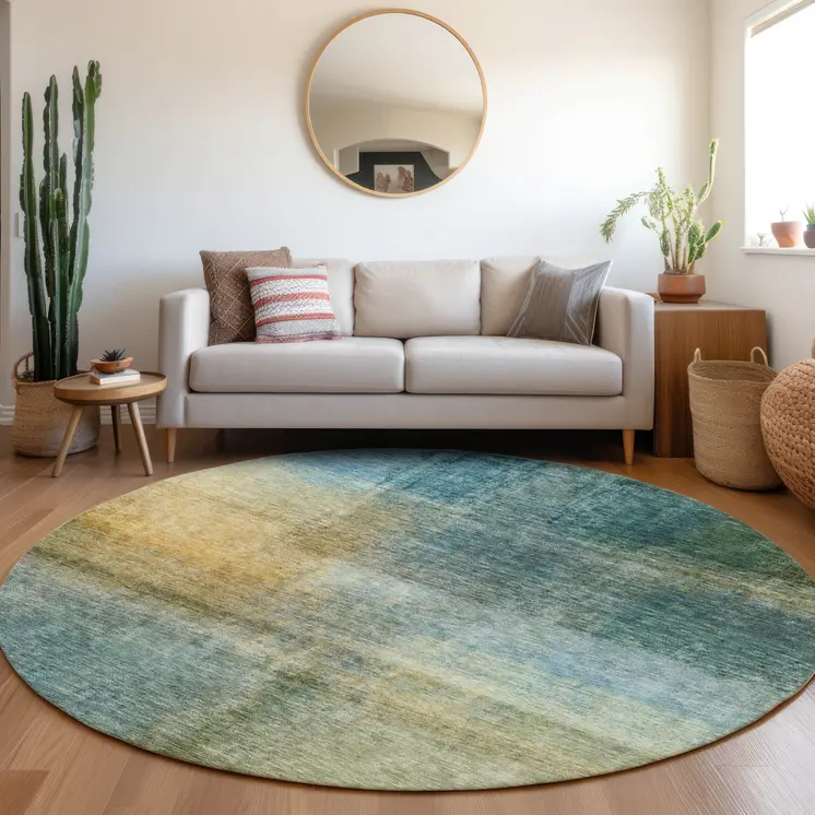8' Blue Gold And Green Round Abstract Washable Indoor Outdoor Area Rug
