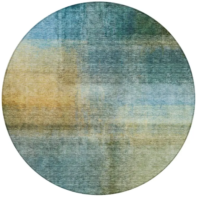 8' Blue Gold And Green Round Abstract Washable Indoor Outdoor Area Rug