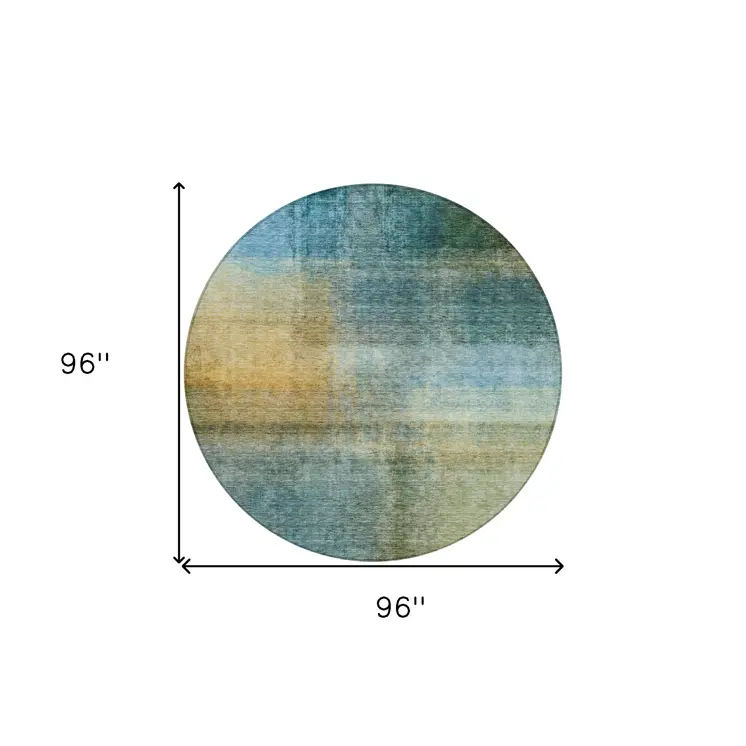 8' Blue Gold And Green Round Abstract Washable Indoor Outdoor Area Rug