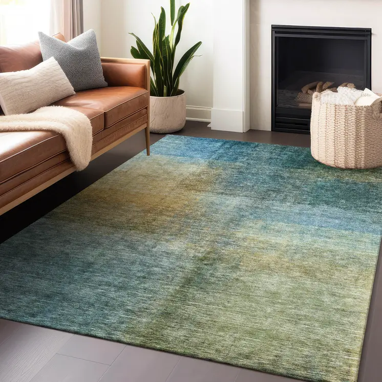8' X 10' Blue Gold And Green Abstract Washable Indoor Outdoor Area Rug
