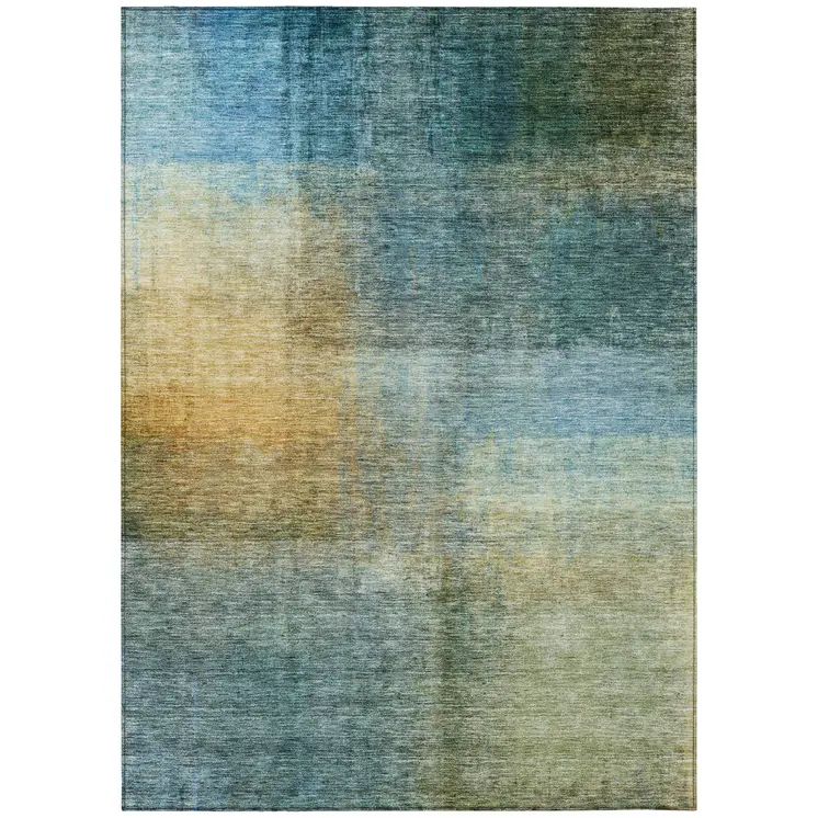 10' X 14' Blue Gold And Green Abstract Washable Indoor Outdoor Area Rug