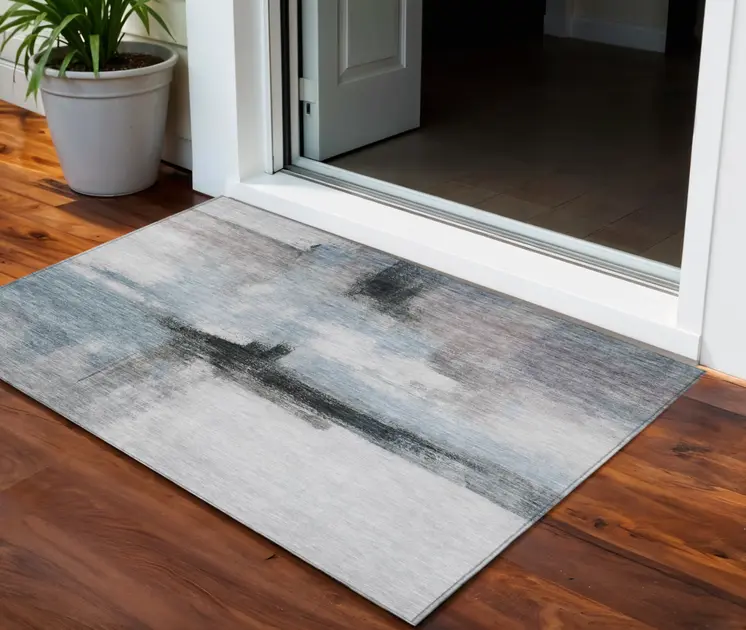 3' X 5' Blue Gray And Black Abstract Washable Indoor Outdoor Area Rug