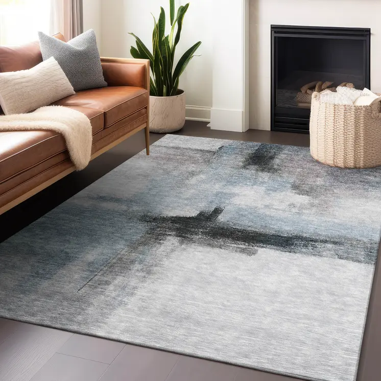 5' X 8' Blue Gray And Black Abstract Washable Indoor Outdoor Area Rug