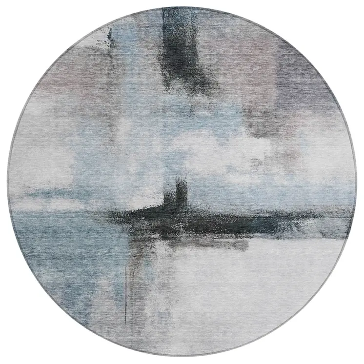 8' Blue Gray And Black Round Abstract Washable Indoor Outdoor Area Rug
