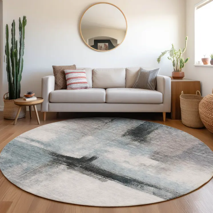 8' Blue Gray And Black Round Abstract Washable Indoor Outdoor Area Rug