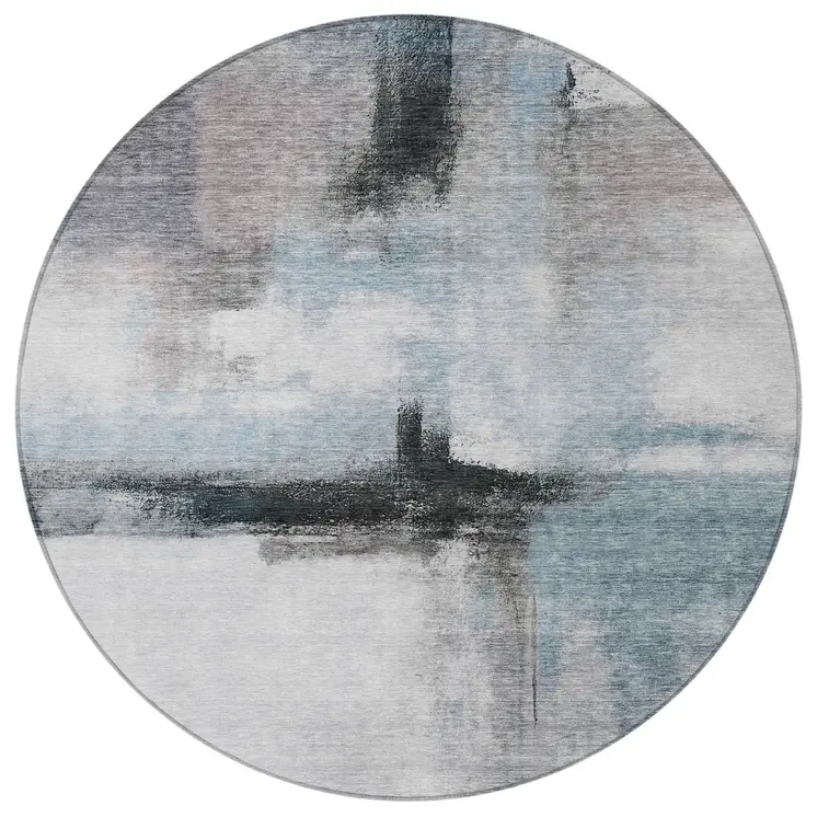 8' Blue Gray And Black Round Abstract Washable Indoor Outdoor Area Rug