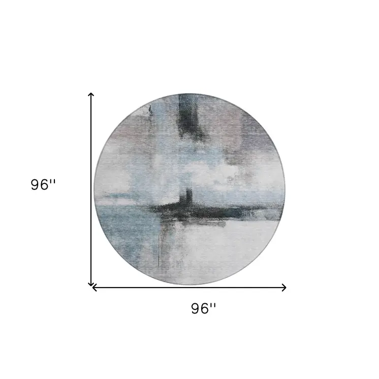8' Blue Gray And Black Round Abstract Washable Indoor Outdoor Area Rug