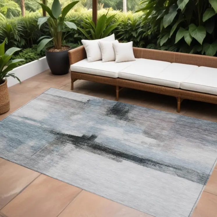 8' X 10' Blue Gray And Black Abstract Washable Indoor Outdoor Area Rug