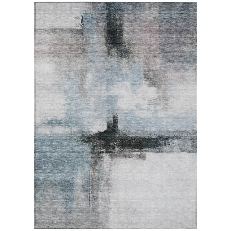 8' X 10' Blue Gray And Black Abstract Washable Indoor Outdoor Area Rug