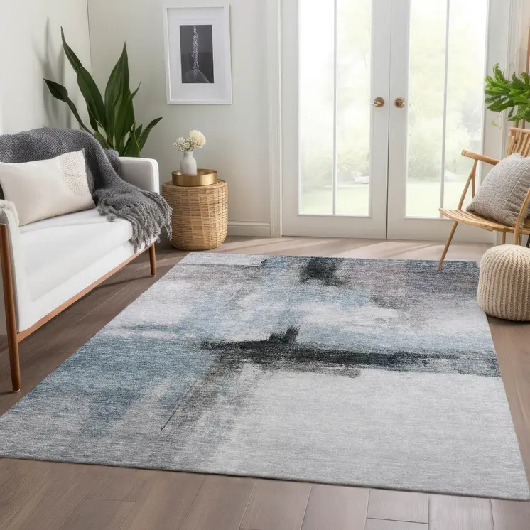 8' X 10' Blue Gray And Black Abstract Washable Indoor Outdoor Area Rug