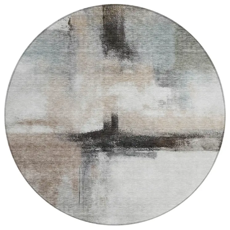 8' Brown Black And Gray Round Abstract Washable Indoor Outdoor Area Rug