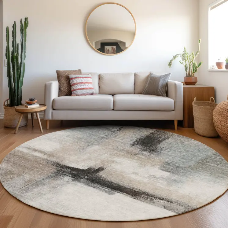 8' Brown Black And Gray Round Abstract Washable Indoor Outdoor Area Rug