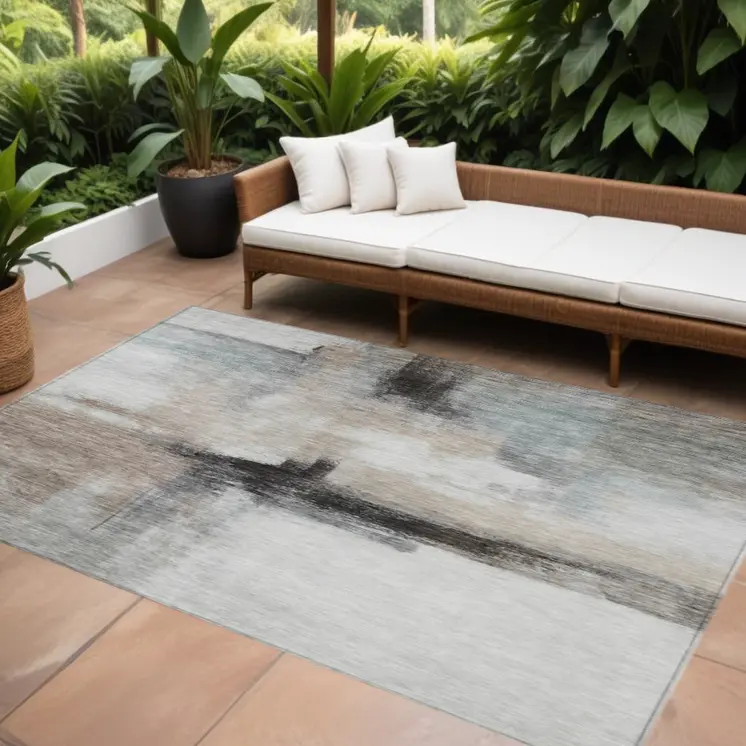 9' X 12' Brown Black And Gray Abstract Washable Indoor Outdoor Area Rug