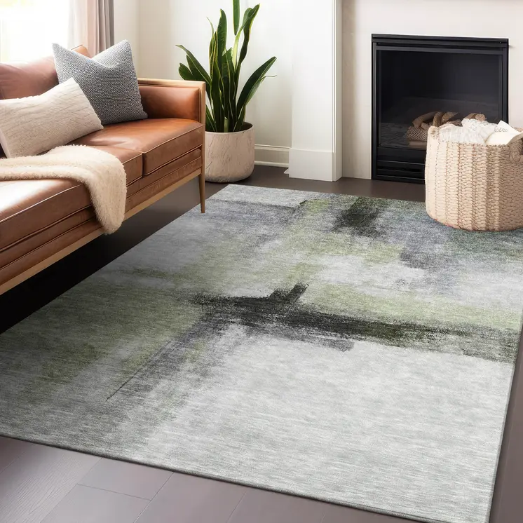 3' X 5' Sage Black And Gray Abstract Washable Indoor Outdoor Area Rug